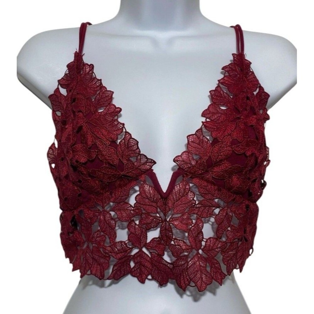 Intimately Free People Celine Bralette Womens Medium Floral Lace V-Neck Mulberry